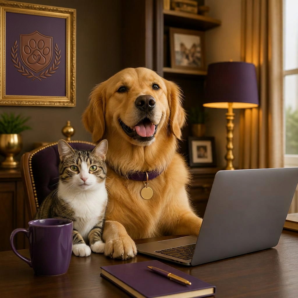 A happy golden retriever and tabby cat together beside a laptop in a warm workspace